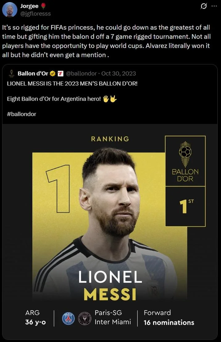 Lionel Messi Fifa Princess — Tweet accusing FIFA of rigging Messi's 2023 Ballon d'Or with FIFA princess reference