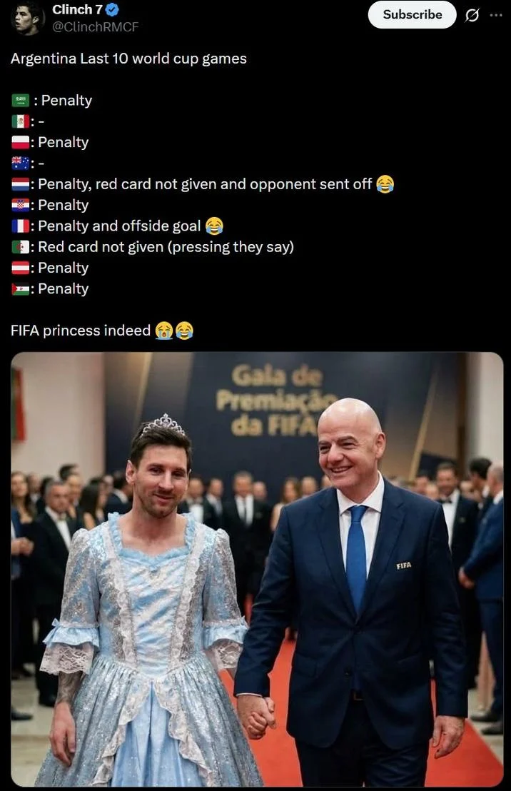 Lionel Messi Fifa Princess — Tweet listing Argentina penalty calls with Messi in blue princess dress with Infantino image