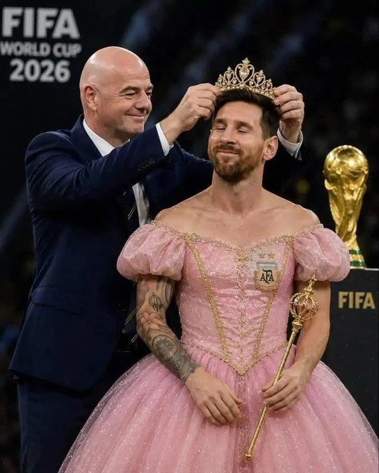 Lionel Messi Fifa Princess — Photoshopped image of Messi in pink princess gown being crowned with tiara by Infantino at FIFA 2026