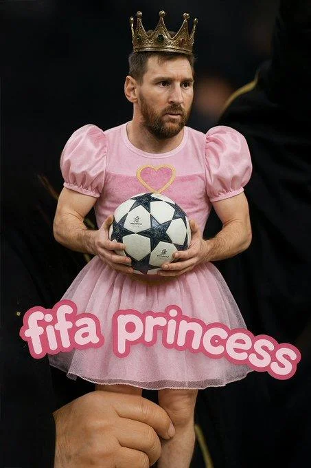 Lionel Messi Fifa Princess — Messi photoshopped in pink princess dress with crown and soccer ball labeled fifa princess