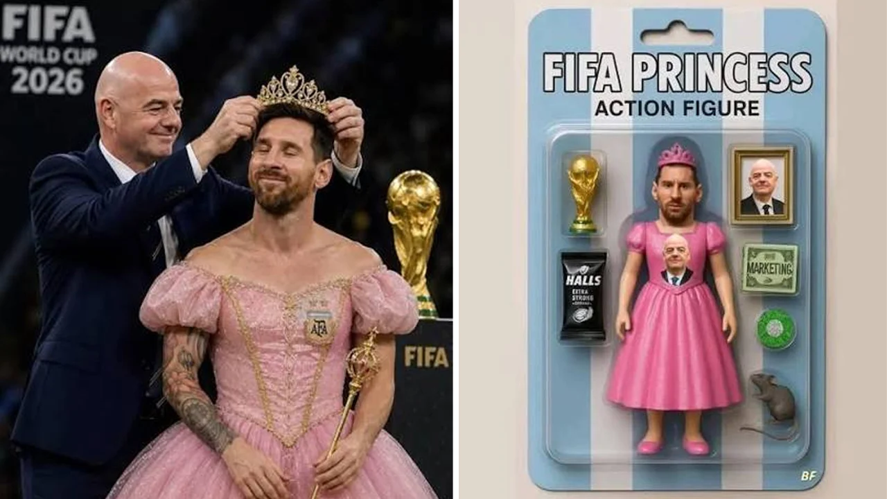 Lionel Messi Fifa Princess — Banner combining Messi in pink princess dress being crowned and FIFA Princess action figure packaging