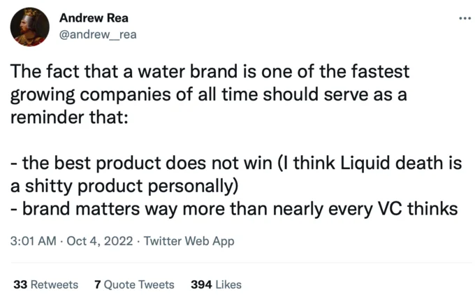 Tweet by Andrew Rea criticizing Liquid Death's product while praising its branding