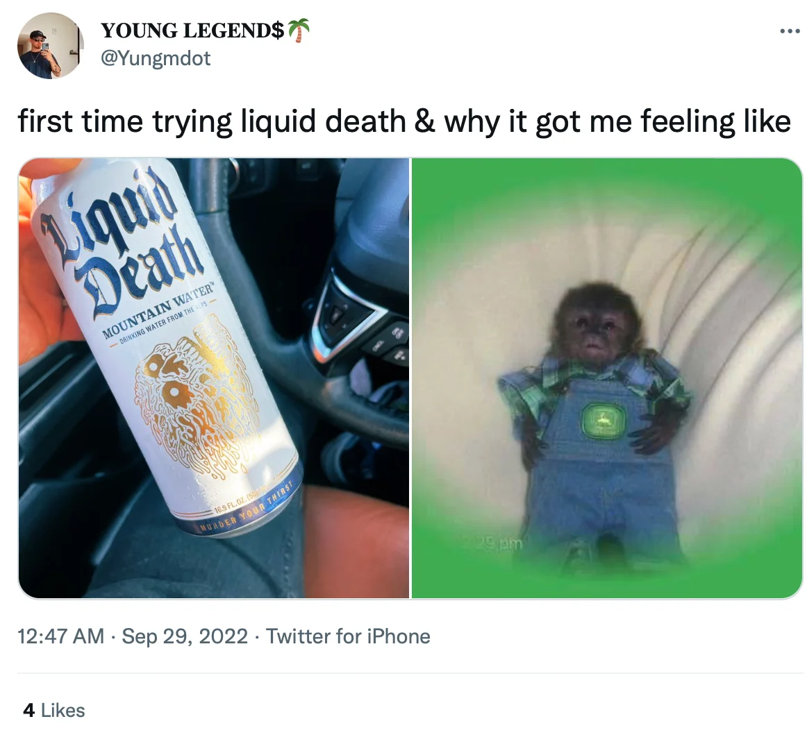 Tweet reacting to first taste of Liquid Death with baby monkey meme