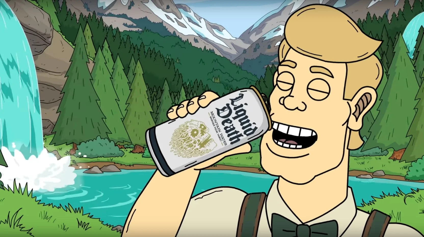 Cartoon man drinking a Liquid Death can in a mountain landscape