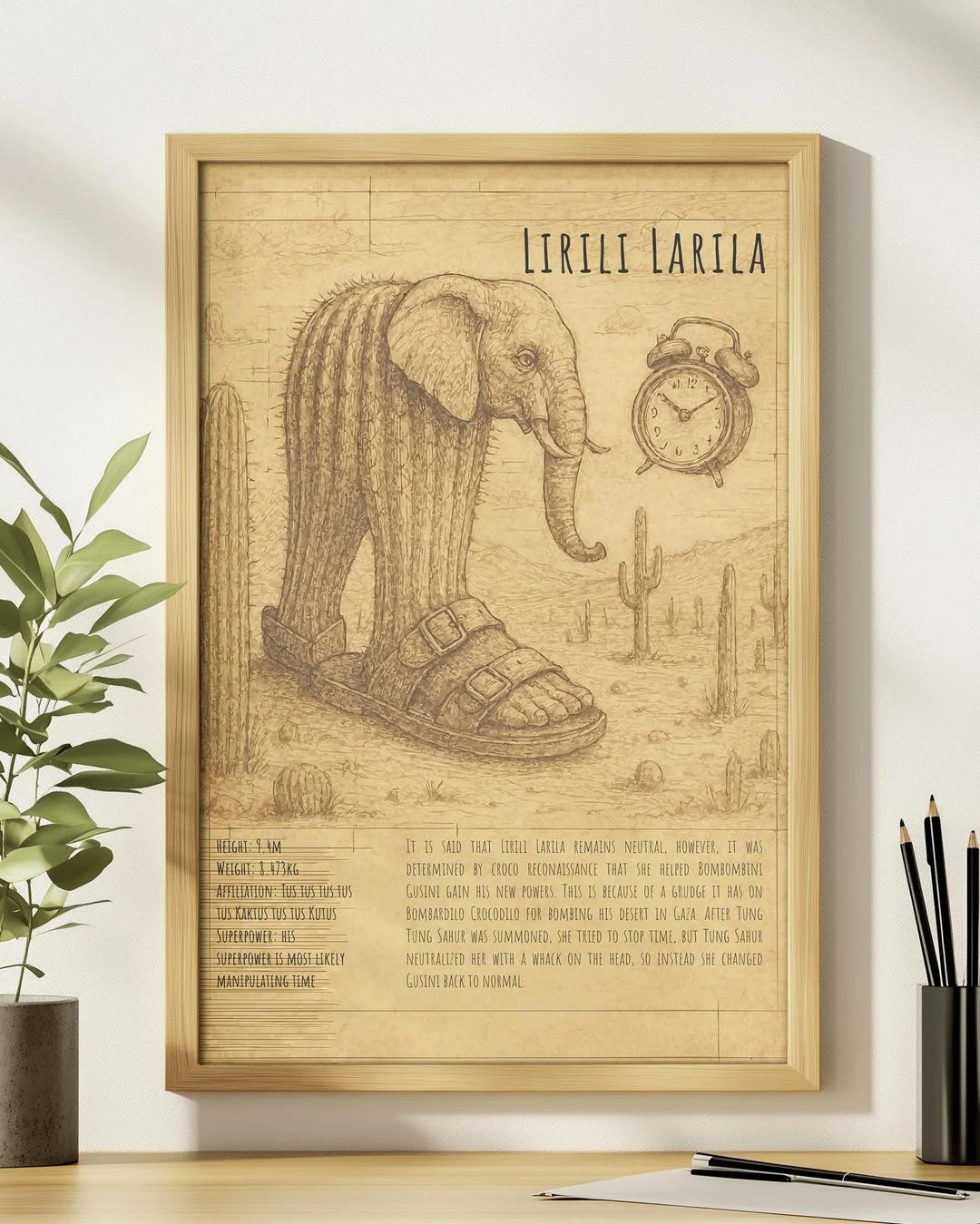 Framed vintage-style Lirili Larila print showing winged elephant with boot and floating clocks in desert