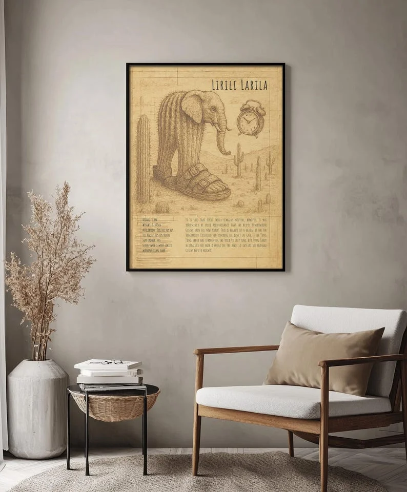 Lirili Larila framed print hanging on gray wall above modern chair and side table