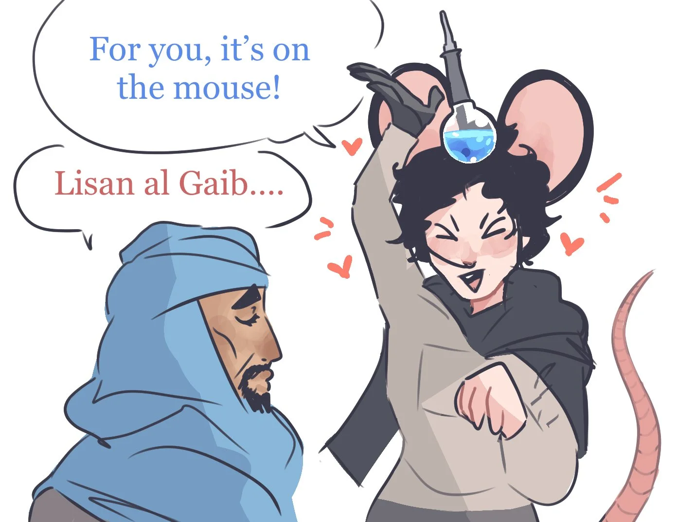 Lisan al-Gaib (Dune Prophecy) — Cartoon of Stilgar and mouse-eared Paul Atreides with a Lisan al-Gaib pun