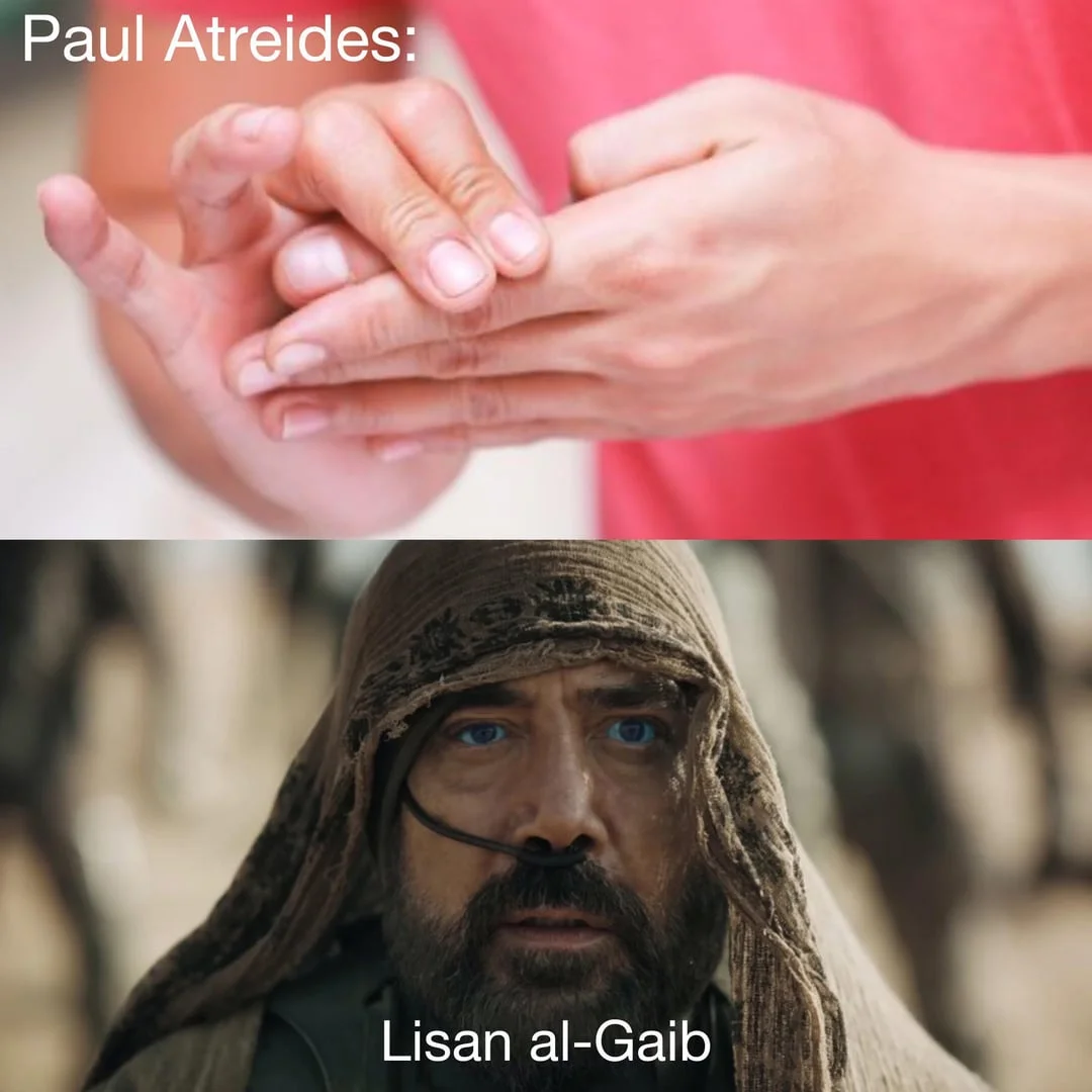 Lisan al-Gaib (Dune Prophecy) — Meme contrasting a child's magic trick with Stilgar reverently calling Paul Lisan al-Gaib