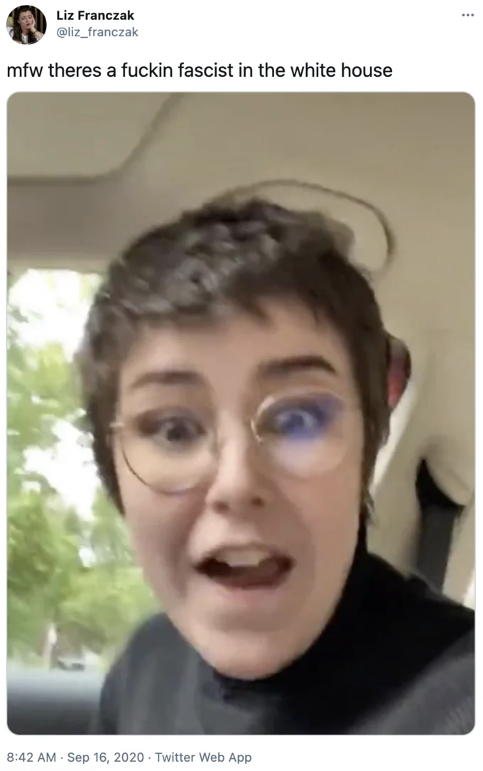 Listen, Kiddo, I Get It — Tweet by Liz Franczak using a wide-eyed, open-mouthed screenshot of the woman as a 'mfw there's a fascist in the white house'