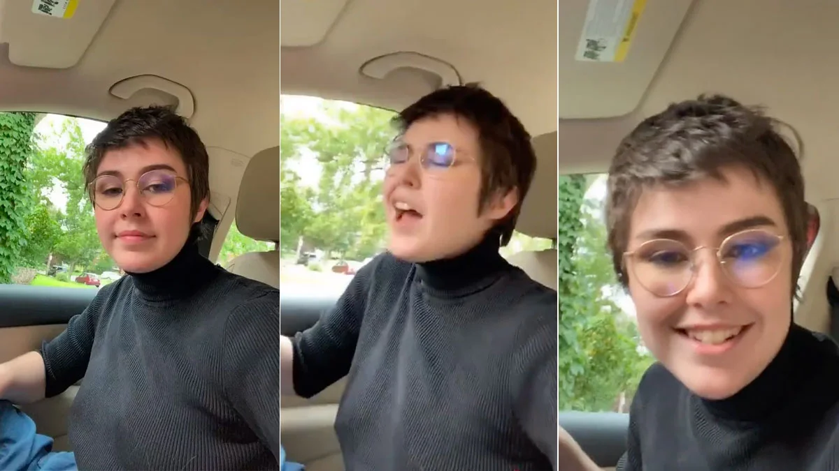Listen, Kiddo, I Get It — Three-panel composite of a short-haired woman in glasses and black turtleneck recording a selfie video in a car.