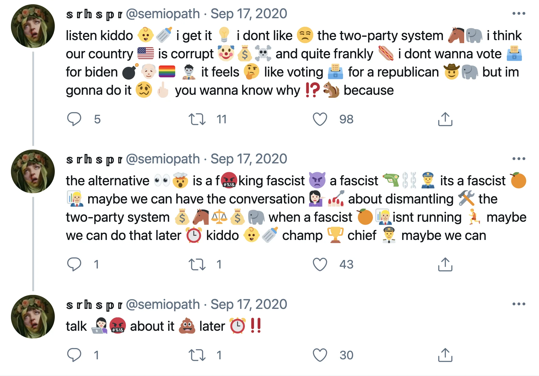 Listen, Kiddo, I Get It — Three-tweet thread by @semiopath transcribing the viral rant with excessive emojis after nearly every word.