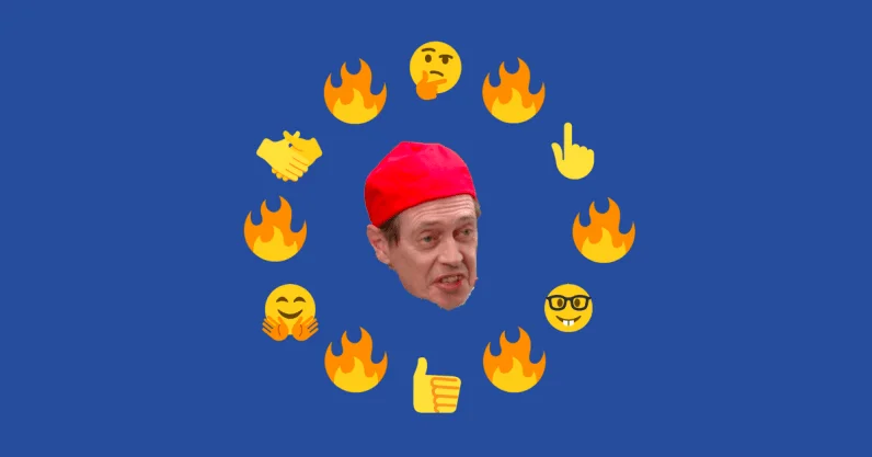 Lit — Steve Buscemi's face in a red cap surrounded by a ring of emojis including fire, thumbs up, and thinking face on a blue background