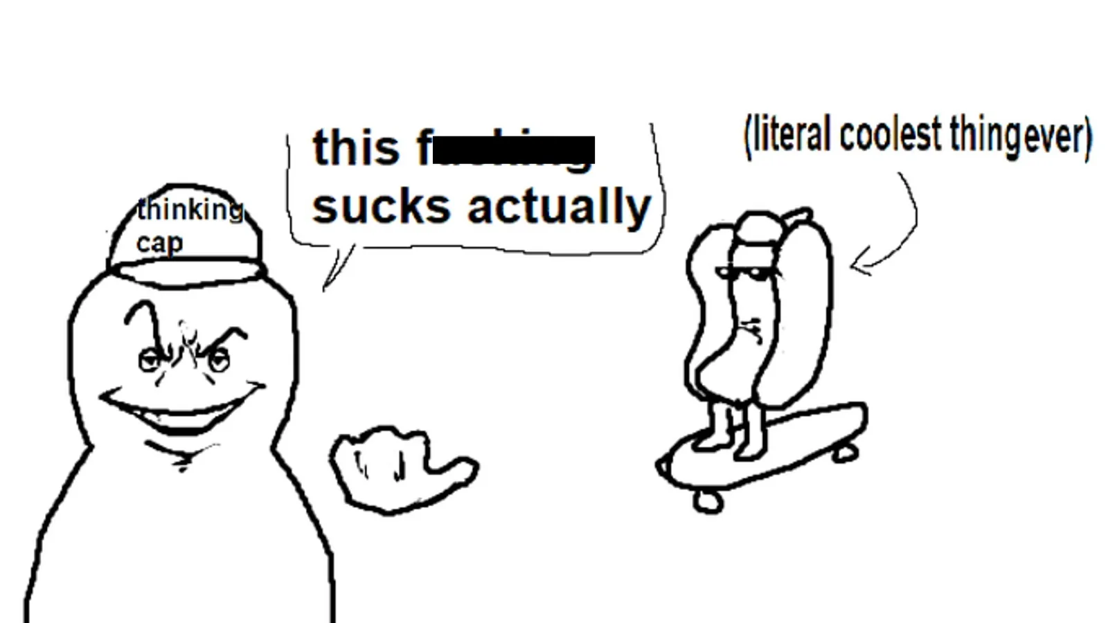 The definitive template for the Literal Me Characters meme featuring a stick figure with a thinking cap expressing disdain for something as 'this fucking sucks