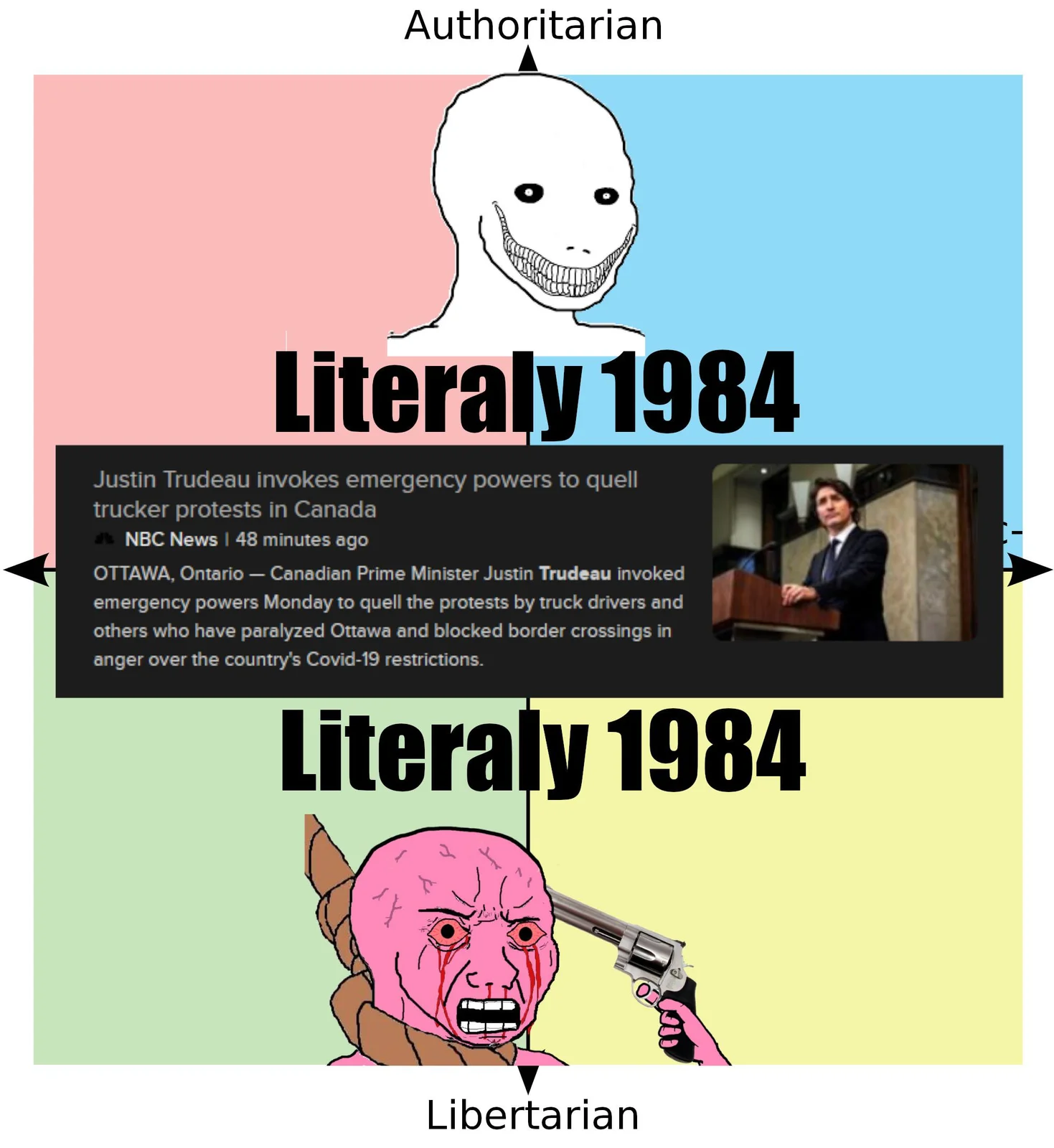 Political spectrum meme showing both authoritarian and libertarian figures labeling various government situations as 'Literally 1984,' with included news