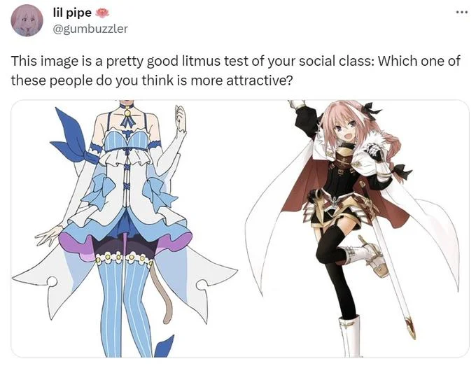 Litmus Test For Social Class — Tweet by lil pipe (@gumbuzzler) using litmus test format with two anime characters including Astolfo.