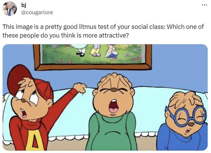 Litmus Test For Social Class — Tweet by bj (@cougarlore) using litmus test format with The Chipettes dressed as Alvin, Simon, and Theodore.
