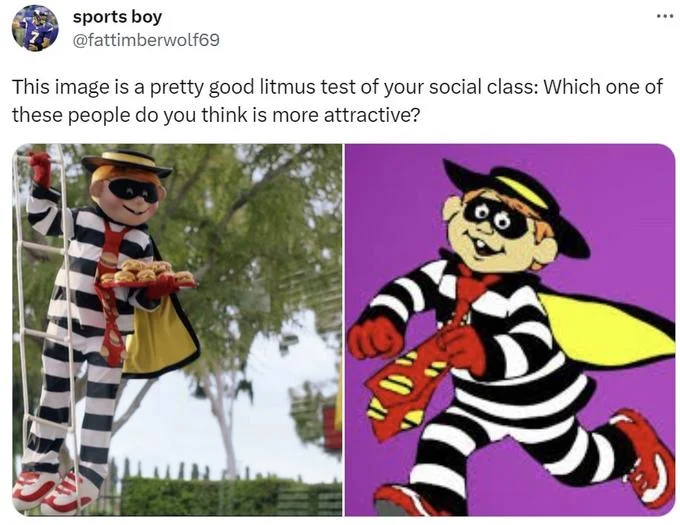 Litmus Test For Social Class — Tweet by sports boy (@fattimberwolf69) using litmus test format with mascot Hamburglar and cartoon Hamburglar.