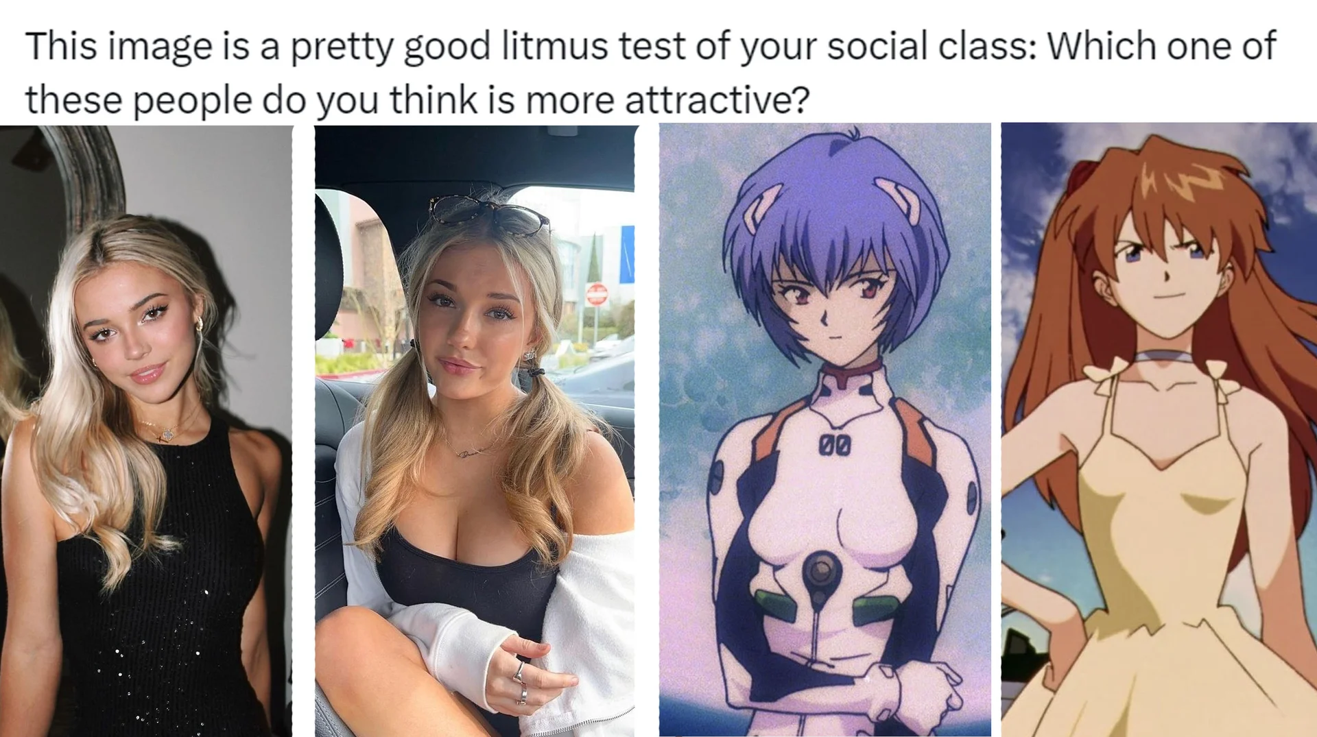 Litmus Test For Social Class — Four-panel image comparing two blonde women with anime characters Rei and Asuka under the caption 'This image is a pretty good