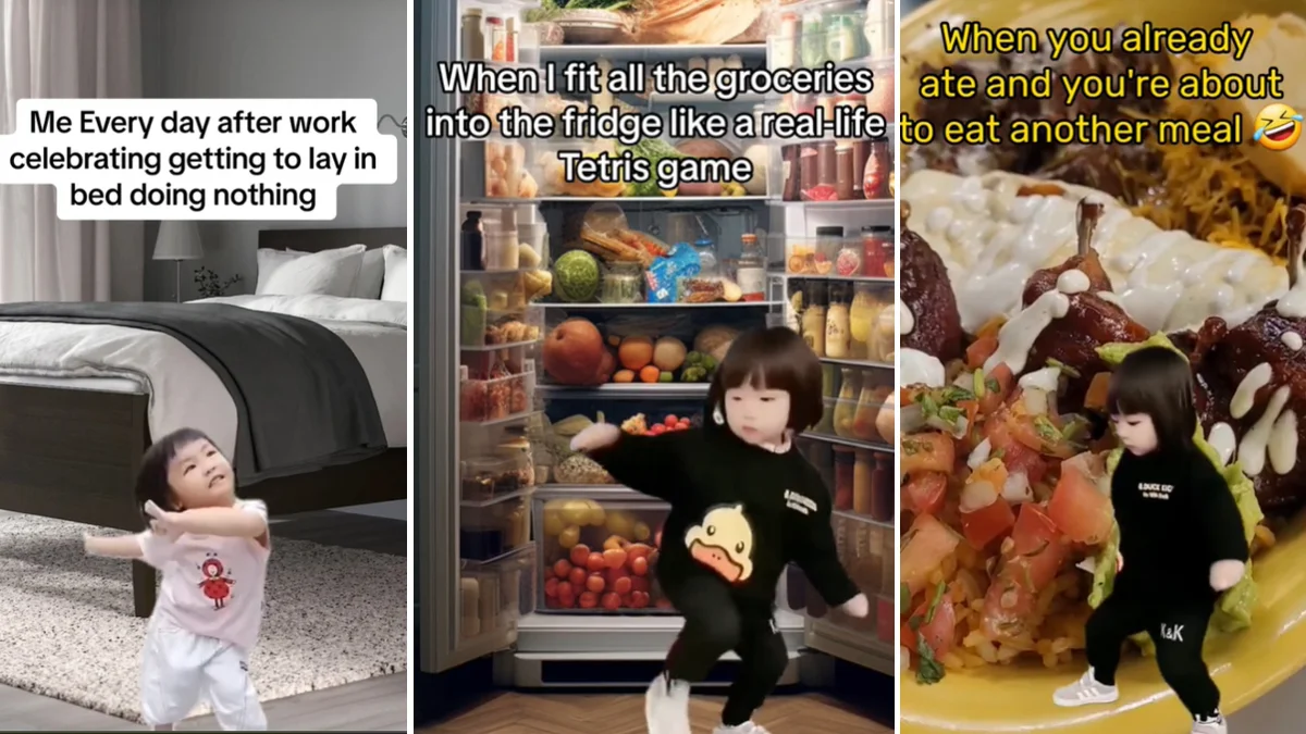 Three-panel collage of a little Asian girl dancing in TikTok meme edits with humorous relatable captions