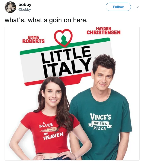 Tweet by bobby with confused reaction to the Little Italy poster