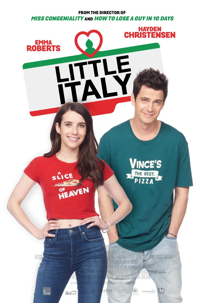 Full Little Italy movie poster with Emma Roberts and Hayden Christensen in pizza-themed shirts