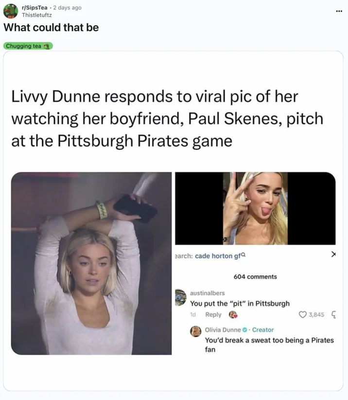 Twitter screenshot with reactions to Livvy Dunne viral photo