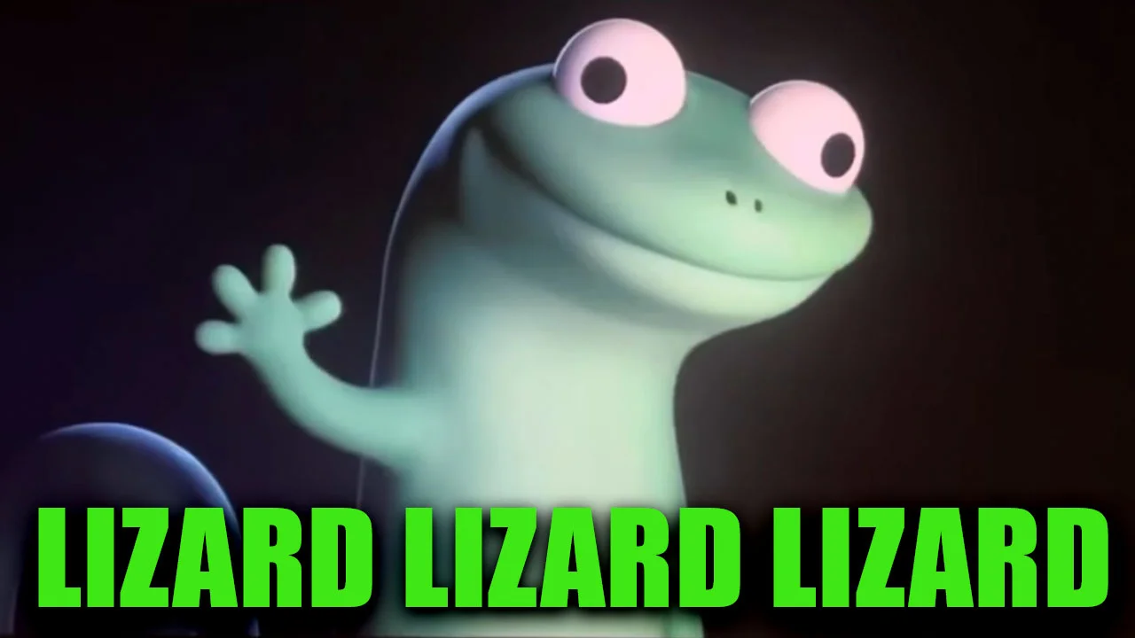 Lizard Lizard Lizard Elio Post Credit Scene — Green cartoon lizard waving with bold LIZARD LIZARD LIZARD text from Elio post-credit scene