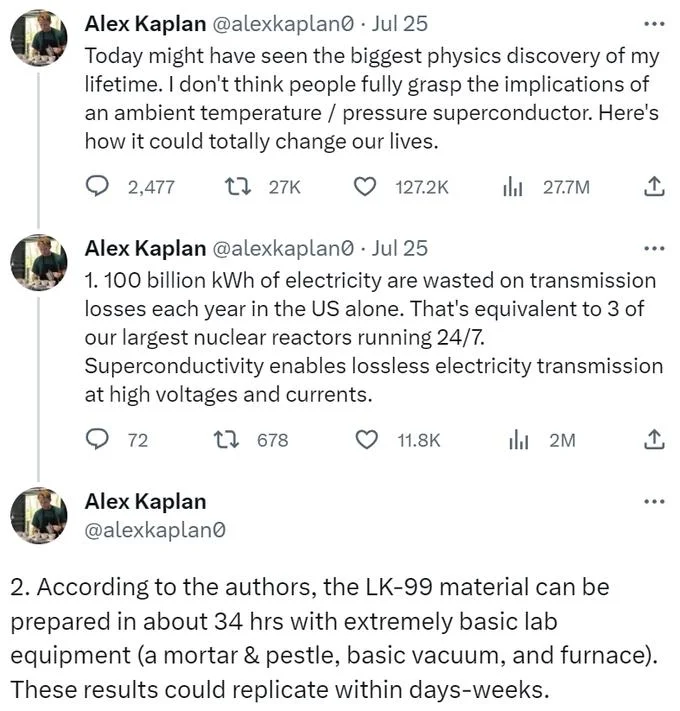 Lk 99 Room Temperature Superconductor — Twitter thread by Alex Kaplan hyping LK-99 as biggest physics discovery of his lifetime