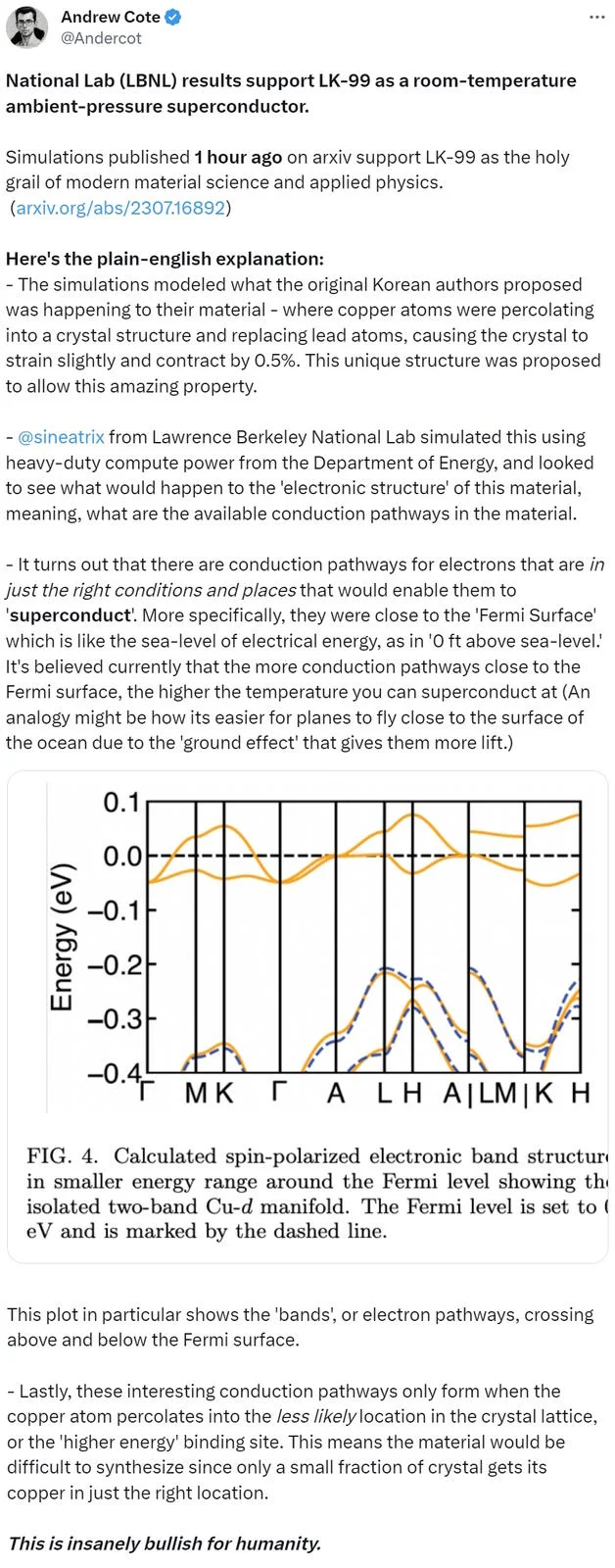 Lk 99 Room Temperature Superconductor — Andrew Cote tweet explaining LBNL simulation results supporting LK-99 with electronic band structure plot