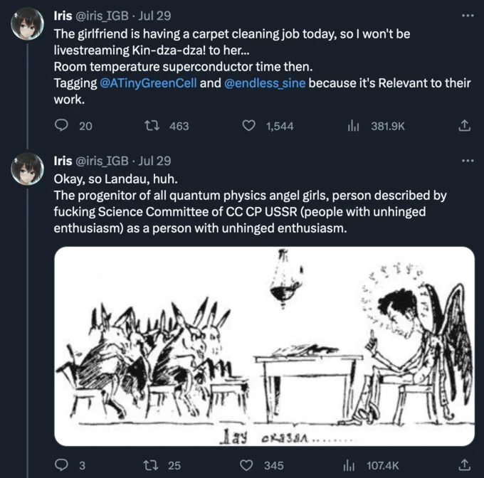 Lk 99 Room Temperature Superconductor — Iris tweet announcing LK-99 replication attempt with Landau cartoon illustration