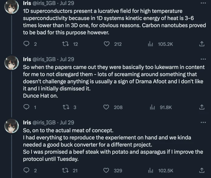 Lk 99 Room Temperature Superconductor — Iris tweets analyzing LK-99 papers and describing her plan to reproduce the experiment