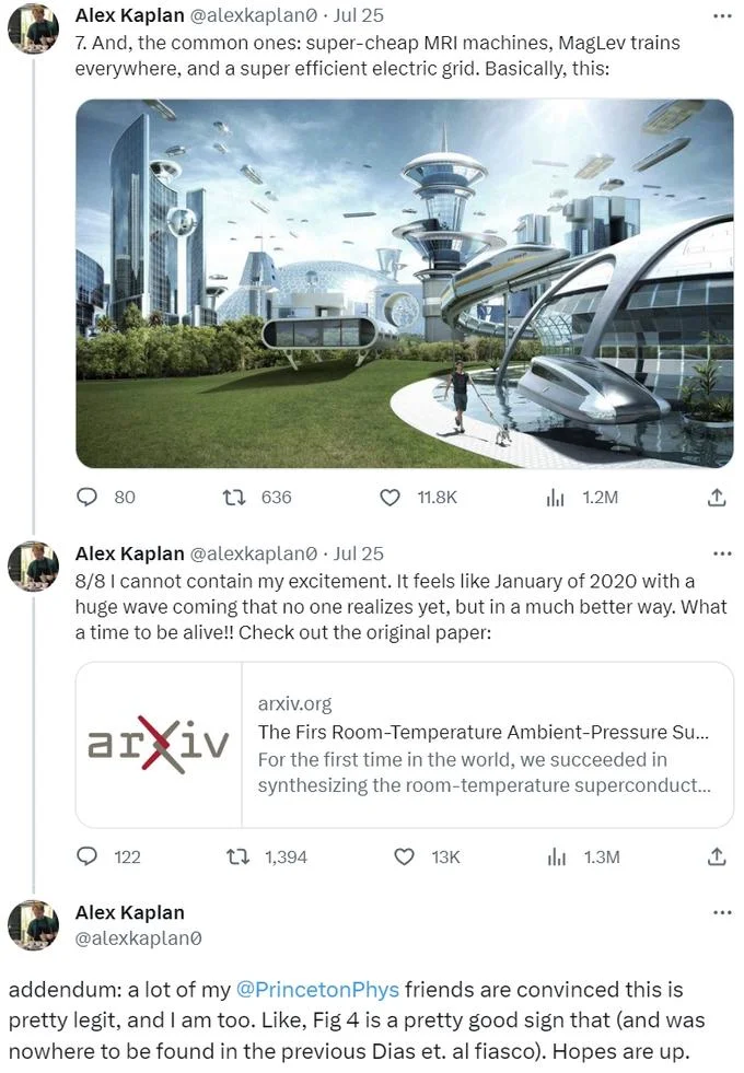 Lk 99 Room Temperature Superconductor — Final portion of Kaplan LK-99 thread with futuristic city concept art and arXiv paper link