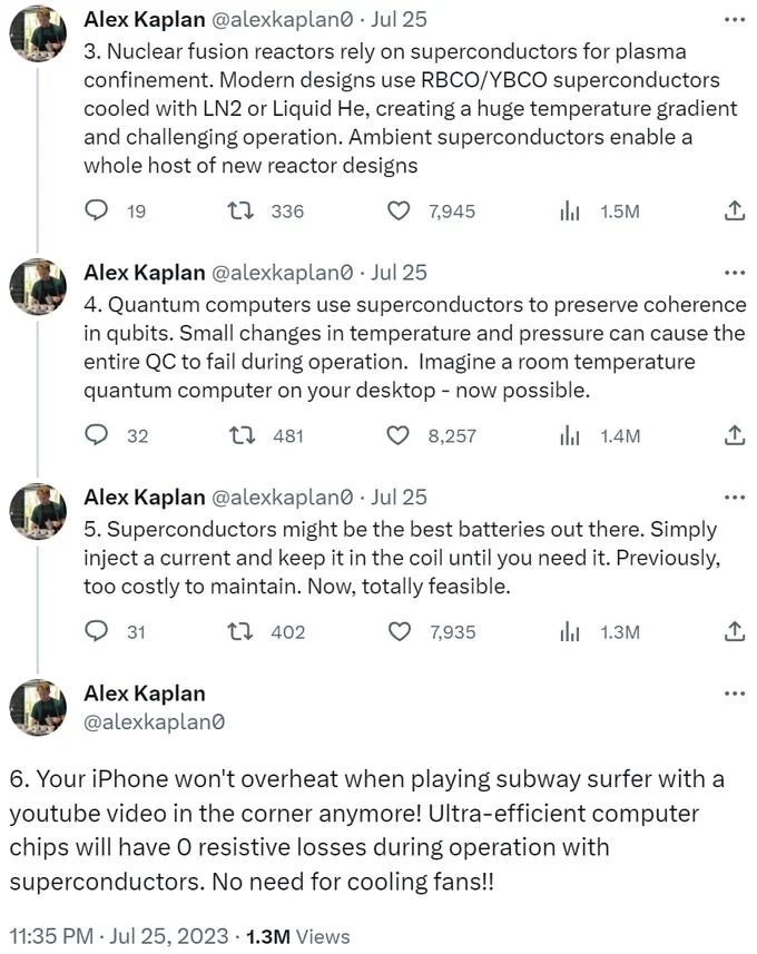 Lk 99 Room Temperature Superconductor — Twitter thread listing LK-99 superconductor applications including fusion, quantum computing, and batteries