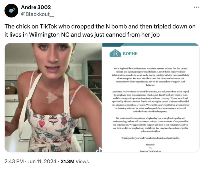 Llddis Broke Ass Niggas Tiktok — Tweet from Blackkout announcing Lilly's firing from her job in Wilmington NC with the Rophe statement