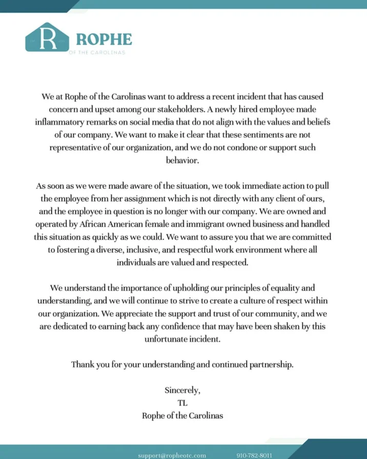 Llddis Broke Ass Niggas Tiktok — Rophe of the Carolinas official statement letter announcing employee termination