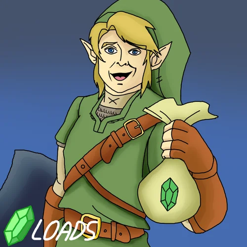 Loadsamoney — Zelda's Link holding a bag of rupees with LOADS caption