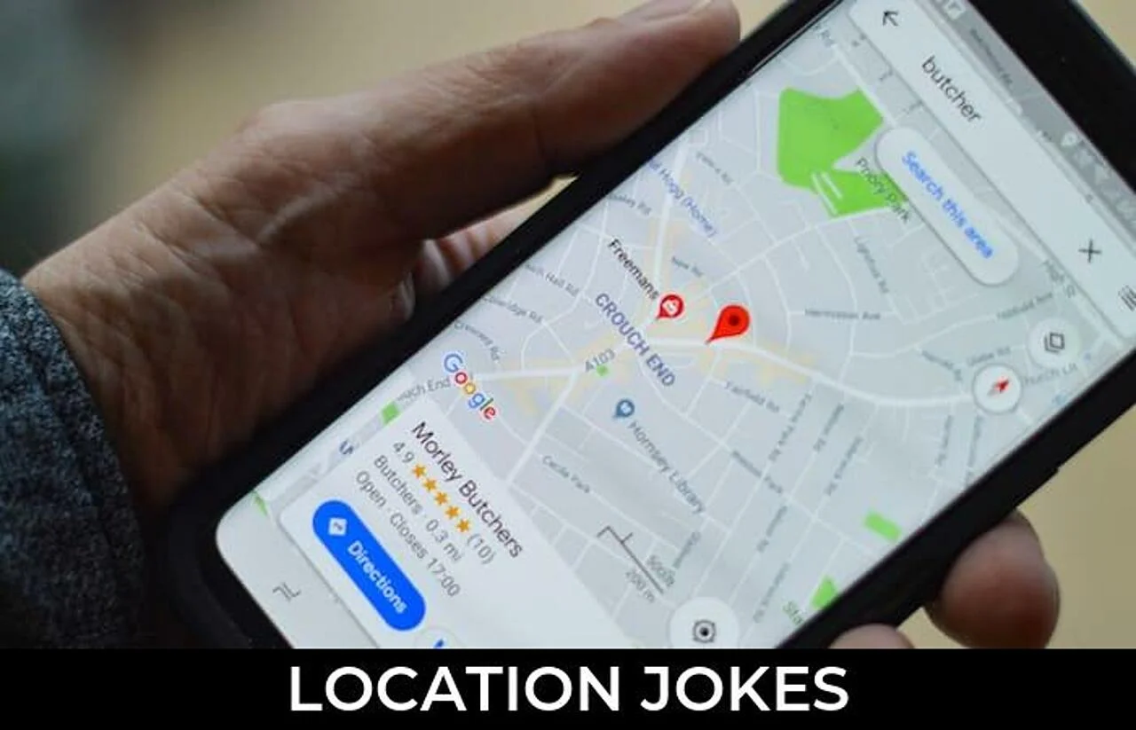 Location Tracking Joke — A hand holds a smartphone displaying Google Maps with location markers and tracking pins.