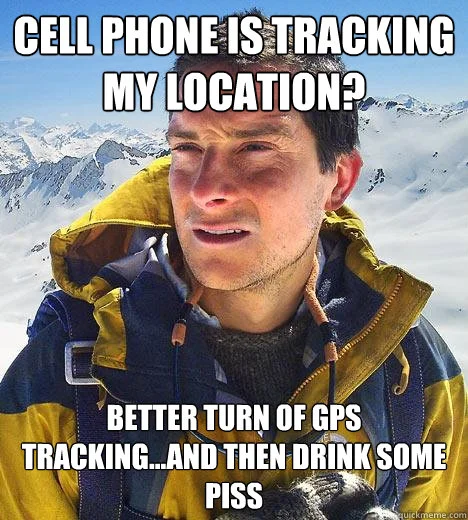 Location Tracking Joke — A person in winter gear displays a concerned expression with impact font text joking about GPS location tracking.