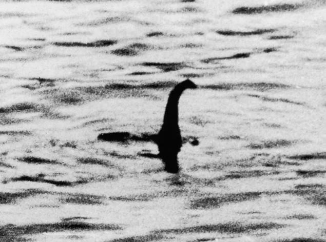 The most iconic depiction of the Loch Ness Monster: a dark silhouette of a long-necked creature emerging from a rippling, overcast loch surface in stark black
