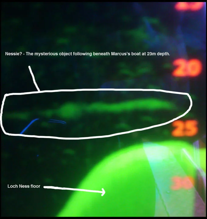 Loch Ness Monster — A sonar or fish-finder screen capture showing a large elongated object detected beneath a boat on Loch Ness at 23 meters depth, with