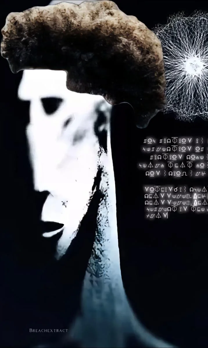 Locked In Ninja Low Taper Fade X Locked In Alien Remix — Dark stylized edit of a curly-haired alien-like profile with cryptic symbol text on a black background