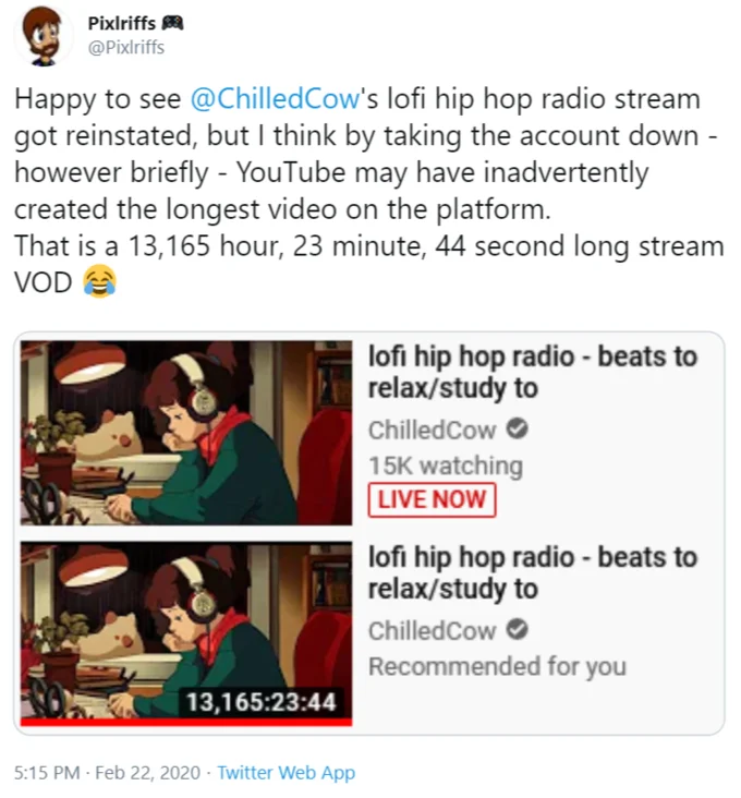 Lofi Girl — Tweet about ChilledCow lofi stream becoming YouTube's longest video at 13,165 hours