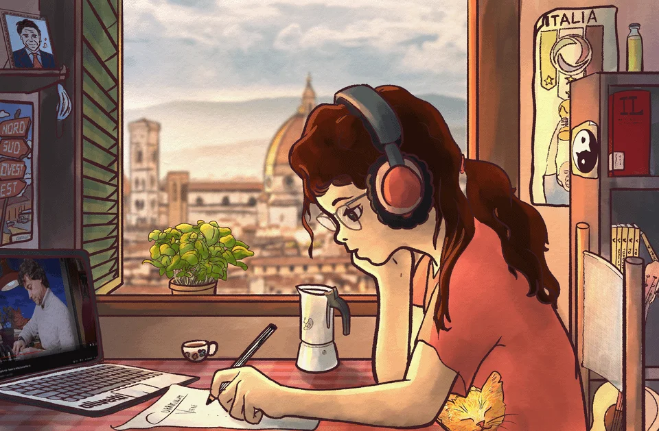 Fan art of red-haired Lofi Girl studying by window with view of Florence Duomo