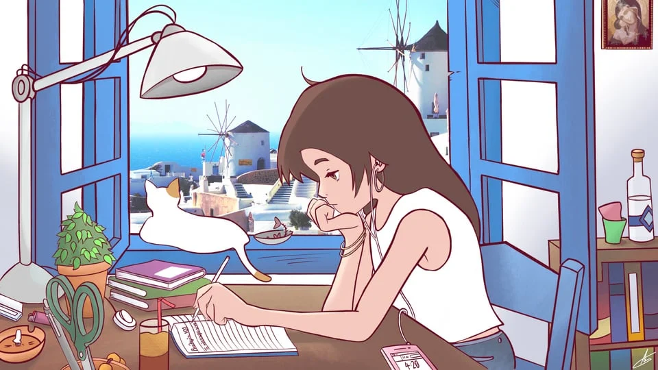 Fan art of Lofi Girl writing at desk with Santorini Greek island view through window
