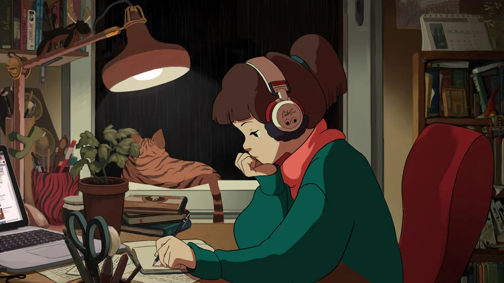 Lofi Girl — Animated girl with headphones studying at desk with cat and lamp in cozy bedroom