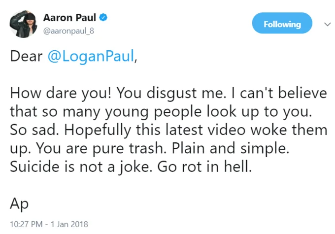 Aaron Paul tweet criticizing Logan Paul for the suicide forest video
