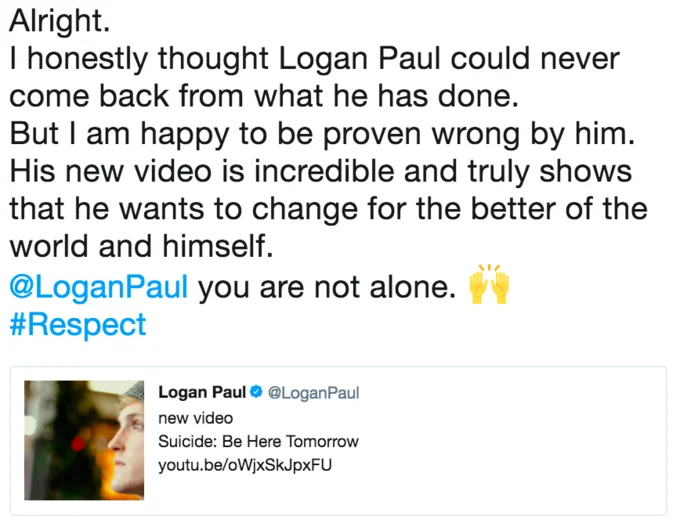 Logan Pauls Suicide Forest Video — A screenshot of a tweet expressing support for Logan Paul's follow-up video 'Suicide: Be Here Tomorrow,' saying 'I am happy