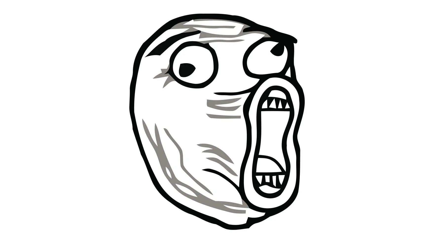 Classic LOL Guy rage face with wide eyes and gaping laughing mouth on white background