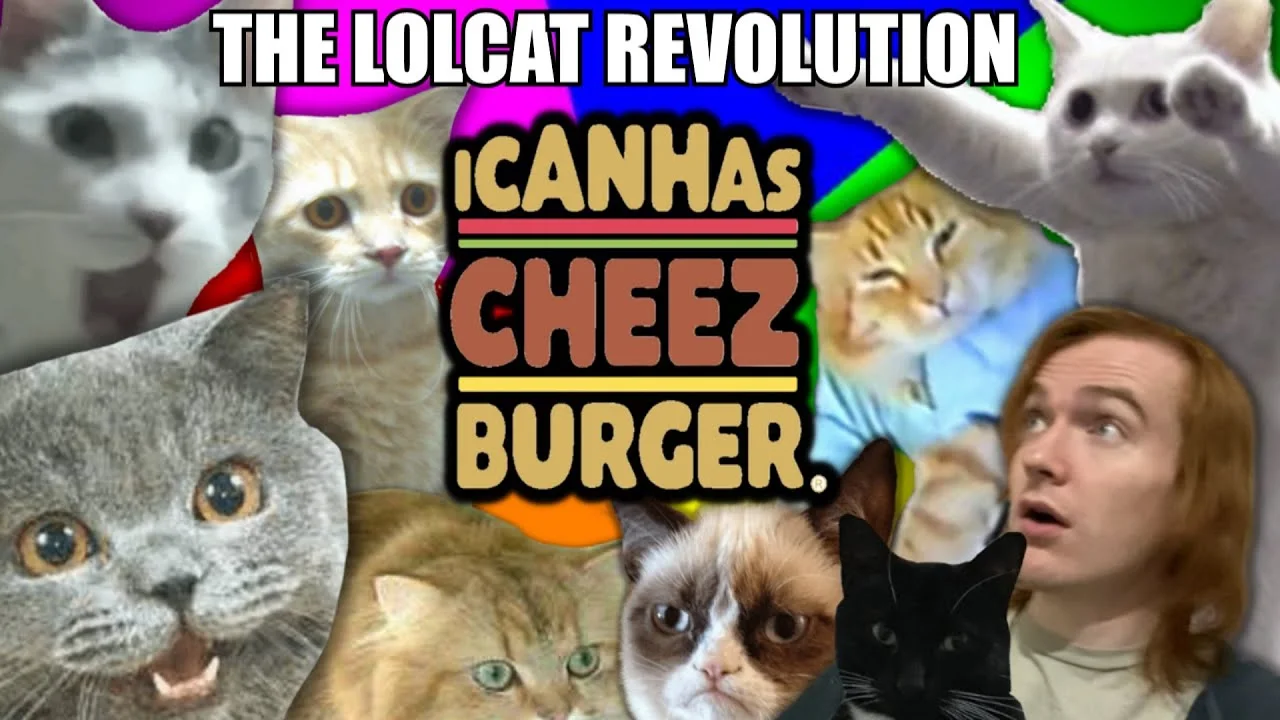 LOLcats / I Can Has Cheezburger — Busy collage featuring multiple expressive cat faces arranged around the I Can Has Cheezburger logo with text 'THE LOLCAT