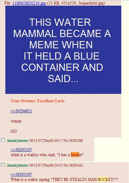 4chan thread screenshot showing the origin of the Lolrus 'I has a bucket' meme
